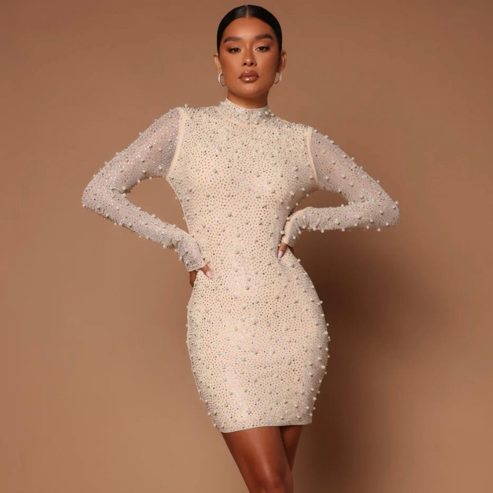 Shayla Pearl Embellished Mini Dress- Beige